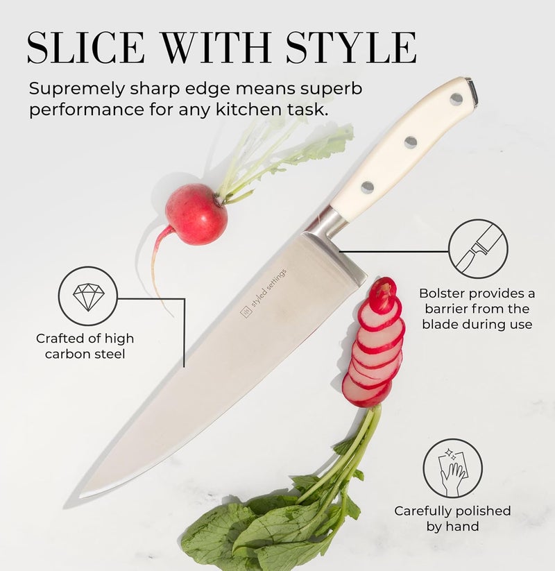 styled settings White Knife Set with Block – 14-Piece Forged Stainless Steel Knives with Triple Rivet Handles, Heavy-Duty Kitchen Shears, and Self-Sharpening Knife Block – Durable White Kitchen Accessories - Image 2